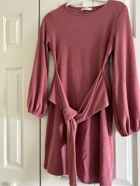 Mauve Pink Tie-Waist Long Sleeve Dress Body Con